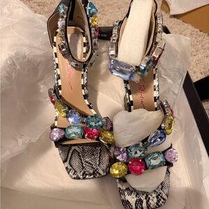 Betsey Johnson Snakeskin Heels with Multicolor Gemstones